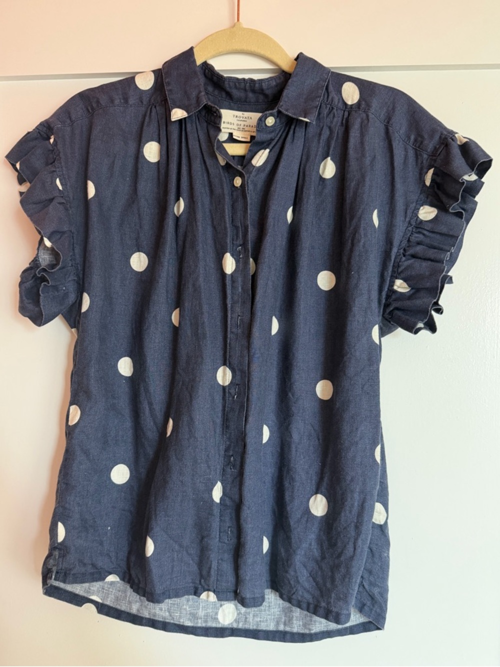 Trovata by Birds of Paradise - Navy Polka Dot Ruffle Sleeve Button-Down Top